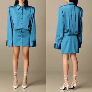 The Attico Mini Shirt Dress with Maxi Shoulders in Blue